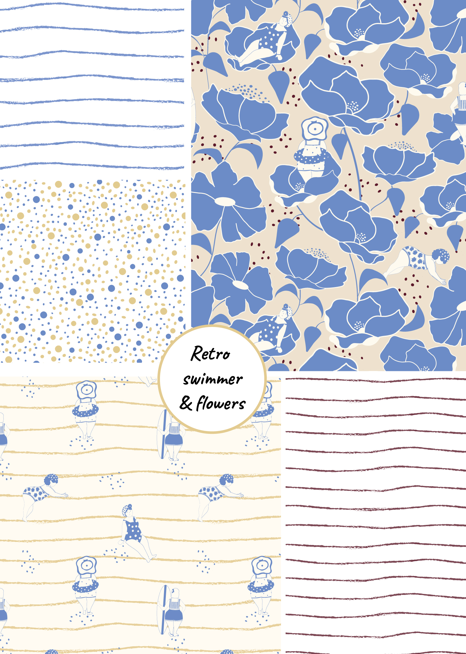 Collection Retro swimmer & flowers Présentation des motifs all-over de la collection Retro swimmer and flowers