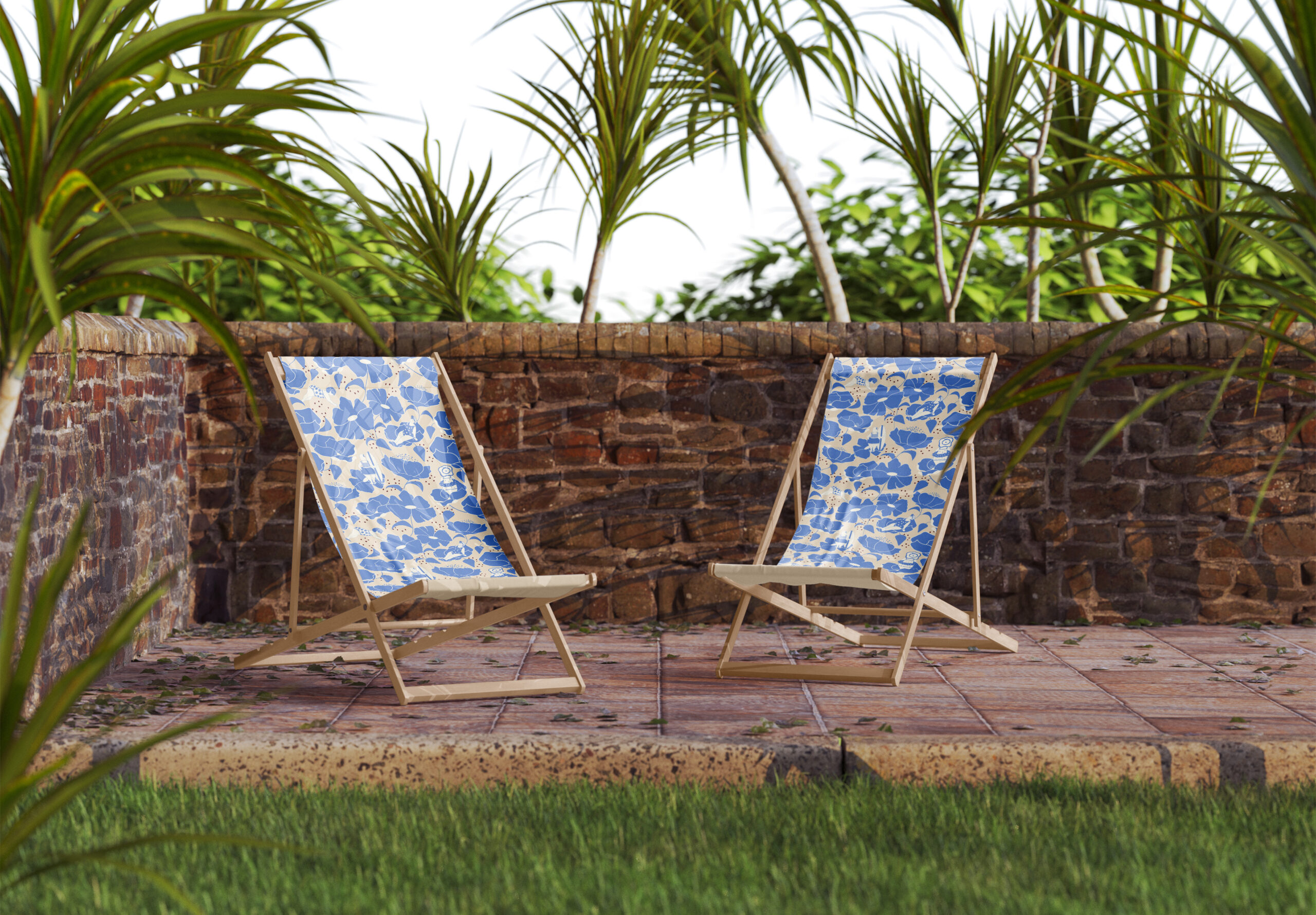 Chaises longues avec l'imprimé narratif de la collection estivale Retro swimmer & flowers. Motifs all-over de pawaré.