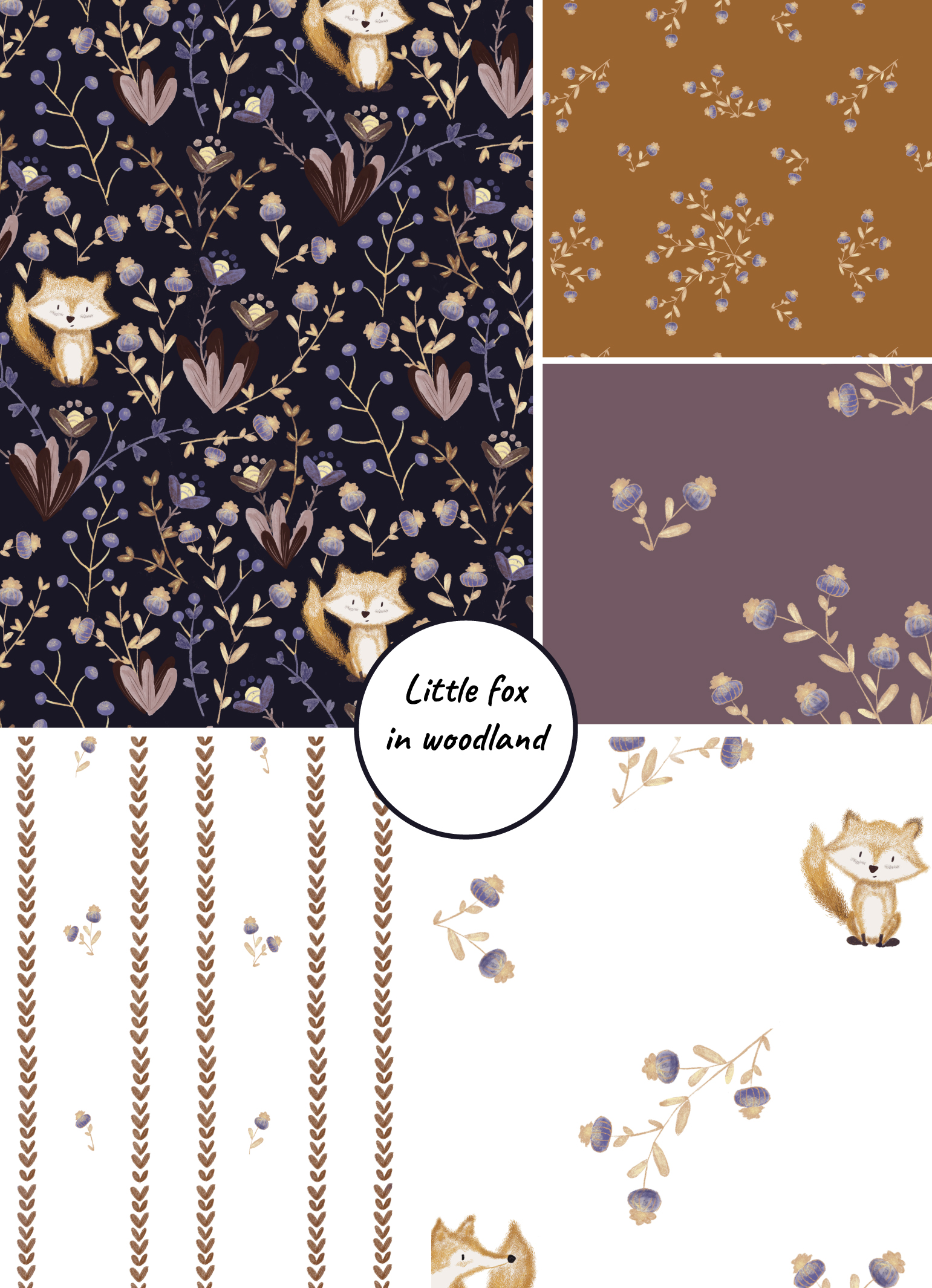 Collection Little fox in woodland de pawaré Motifs répétitifs renard et fleurs de la collection Little Fox in Woodland de pawaré