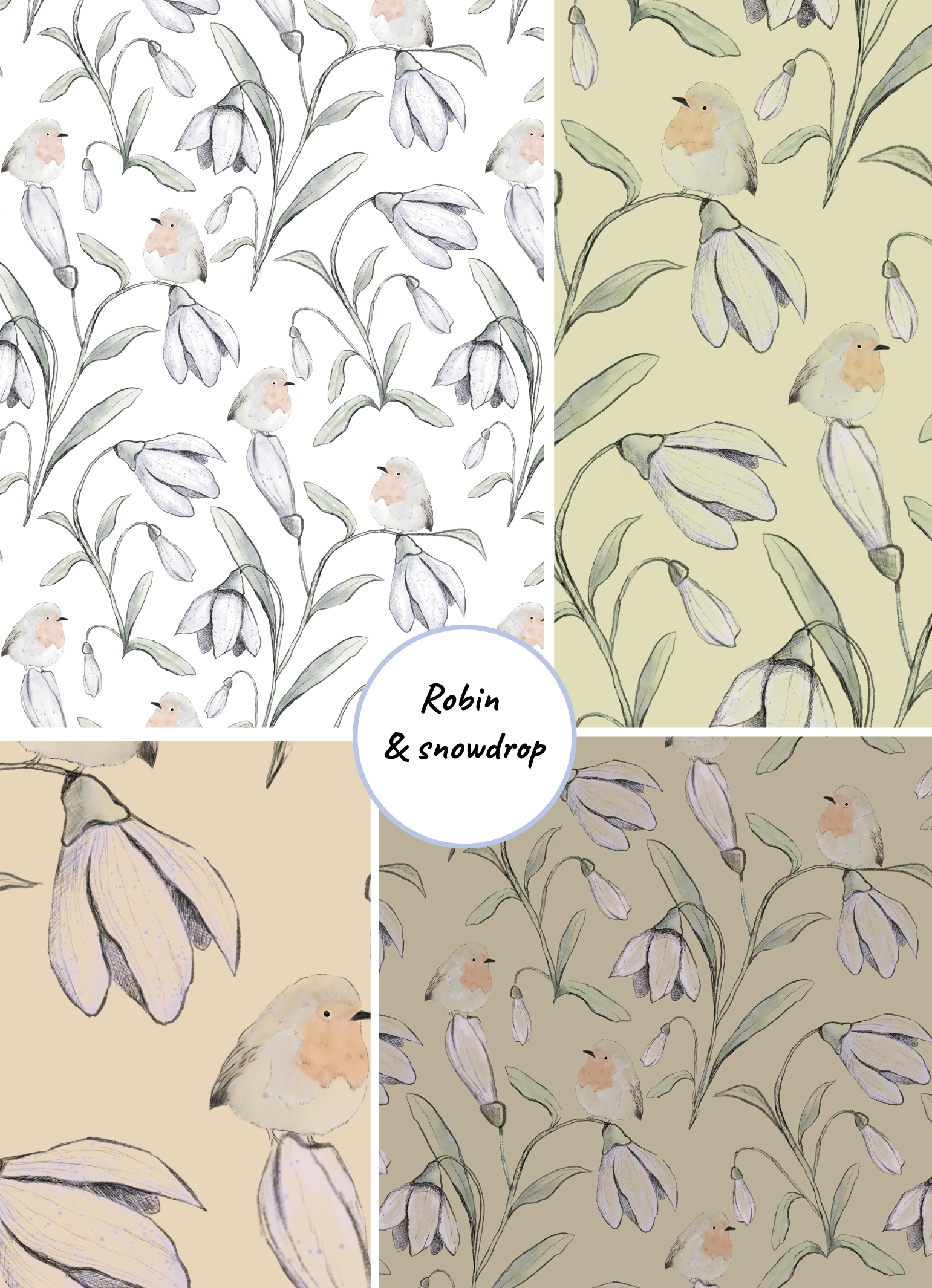 Motif all-over Robin & snowdrop Présentations du motif floral all-over Robin & Snowdrop